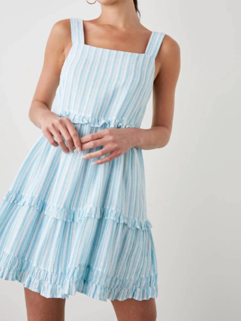 Rails Sandy Laguna Stripe Linen Blend Tiered Mini Dress Ruffle Blue White Size M